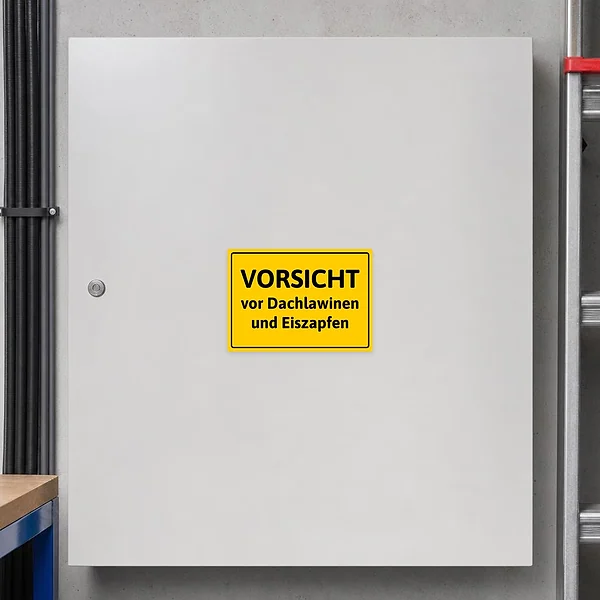 Gelber Warnaufkleber mit schwarzem Text Vorsicht vor Dachlawinen und Eiszapfen für gefährdete Gebäudebereiche.