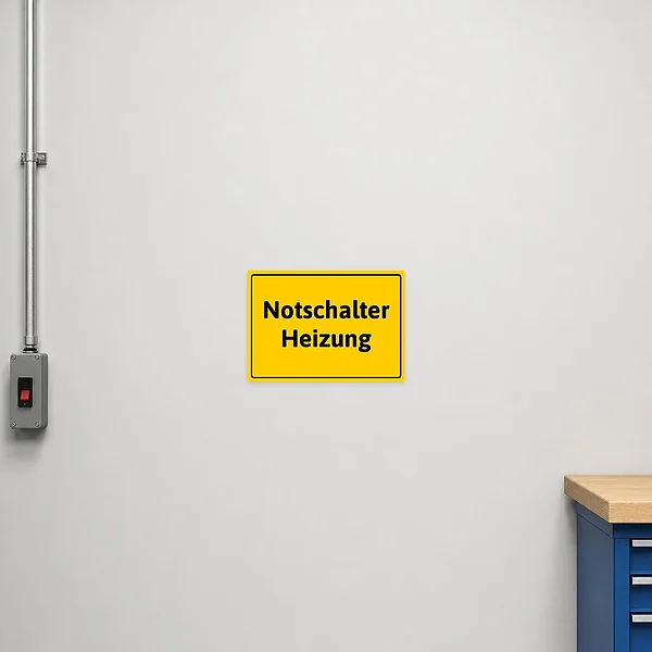 Gelber Aufkleber Notschalter Heizung zur klaren Kennzeichnung des Schalterbereichs an der Heizungsanlage.