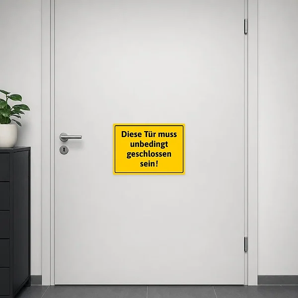 Gelber Warnaufkleber für Türen mit dem Text: Diese Tür muss unbedingt geschlossen sein.