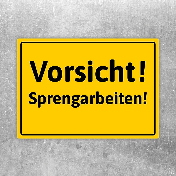 Gelber Vorsicht Sprengarbeiten Aufkleber mit schwarzer Warnschrift für Baustellen und Gefahrenbereiche.