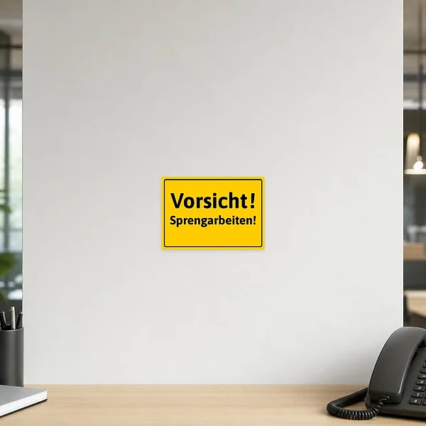 Vorsicht Sprengarbeiten Aufkleber in gelb mit schwarzem Text als Warnhinweis an einer Absperrung.