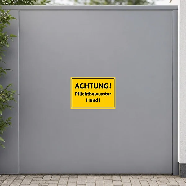 Gelber Aufkleber mit der Aufschrift Achtung pflichtbewusster Hund für Eingänge und Hundebereiche.