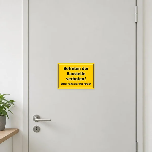 Gelber Aufkleber mit dem Text Betreten der Baustelle verboten als klarer Hinweis an einem Baustelleneingang.