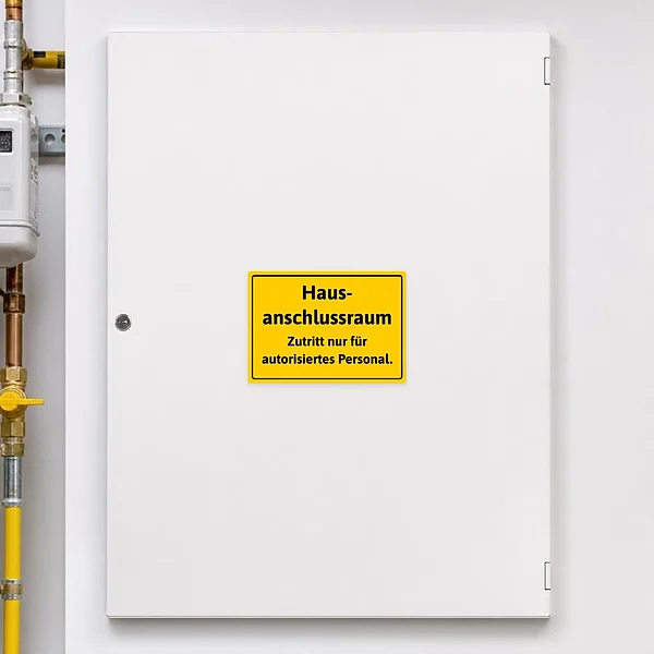 Rechteckiger Hinweisaufkleber für den Hausanschlussraum mit Zutritt nur für autorisiertes Personal.