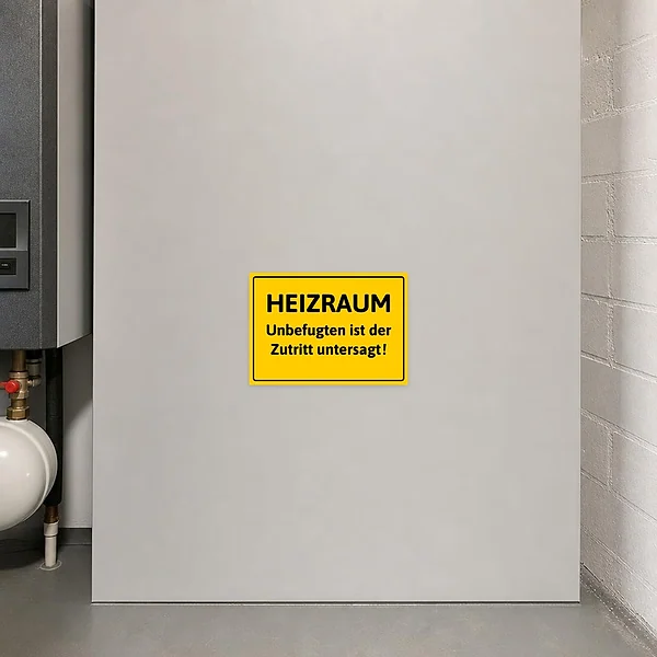 Querformat-Aufkleber für den Heizraum mit klarer Warnung: Unbefugten ist der Zutritt untersagt.