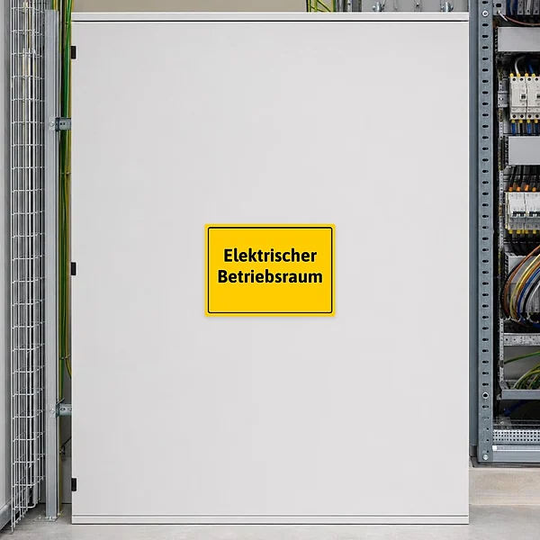 Querformatiger Hinweisaufkleber mit dem Text „Elektrischer Betriebsraum“ für Türen und Zugänge im Technikbereich.