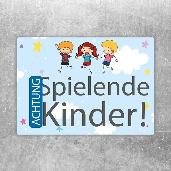 Bunter Aufkleber mit dem Hinweis Achtung spielende Kinder und fröhlichen Kindermotiven.
