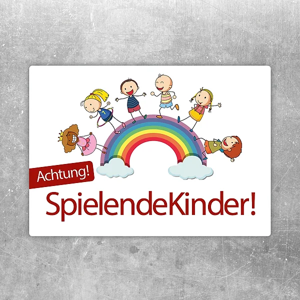 Aufkleber mit dem Hinweis Achtung und spielenden Kindern unter einem bunten Regenbogen.