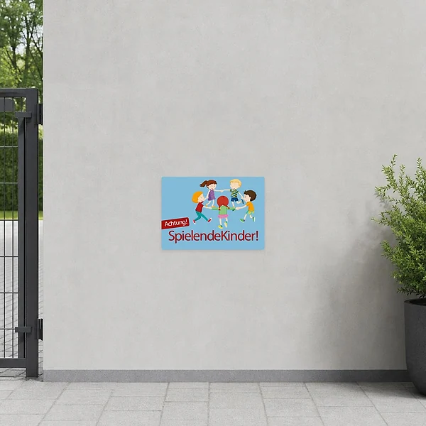 Warnaufkleber mit spielenden Kindern und dem Text Achtung Spielende Kinder für Hof oder Einfahrt