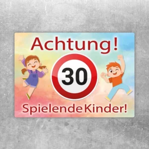 Aufkleber mit 30er-Hinweis und dem Text Achtung spielende Kinder für Wohnbereiche.