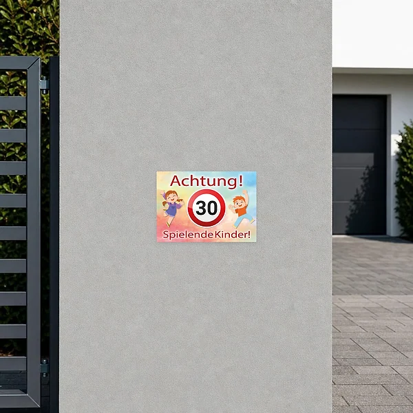 Bunter Aufkleber mit 30-Symbol und der Warnung Achtung spielende Kinder für Einfahrten und Wohnstraßen.
