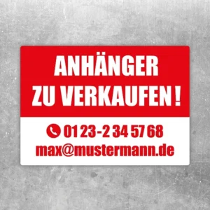 Roter und weißer Aufkleber mit dem Hinweis „Anhänger zu verkaufen“ für klare Verkaufsanzeige.