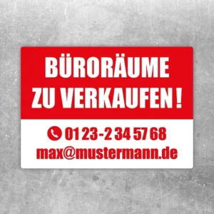 Aufkleber mit der Aufschrift „Büroräume zu verkaufen“ als klarer Hinweis für Büroflächen.