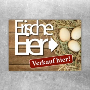 Aufkleber mit Eier Verkaufsschild und Pfeil nach rechts zur Orientierung am Verkaufsort.
