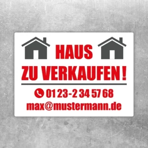 Aufkleber Haus zu verkaufen mit Hausmotiv und klarer Verkaufsbotschaft