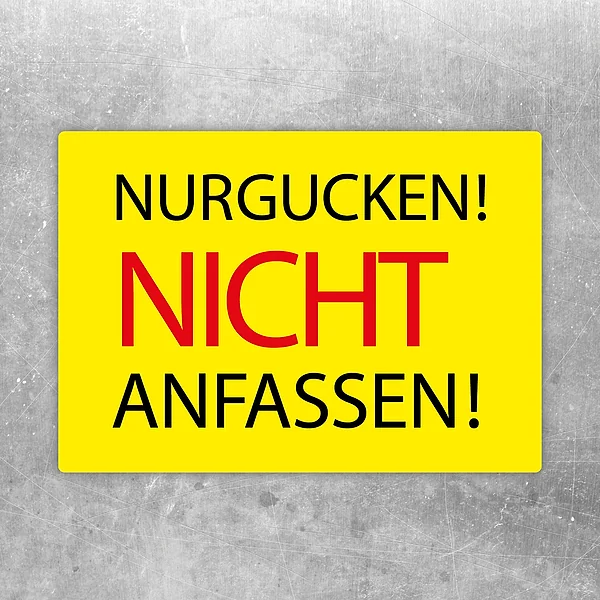 Gelber Aufkleber mit dem Hinweis Nur gucken, nicht anfassen für Ausstellungen und Präsentationsflächen.