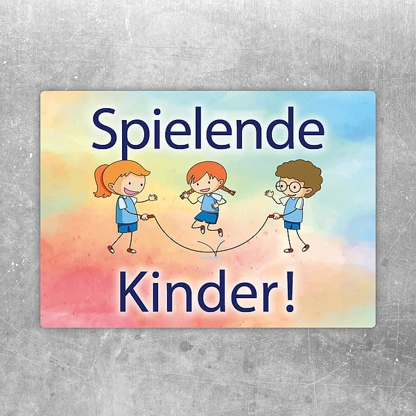 Aufkleber mit dem Motiv Achtung spielende Kinder im Stil eines Straßenschilds.