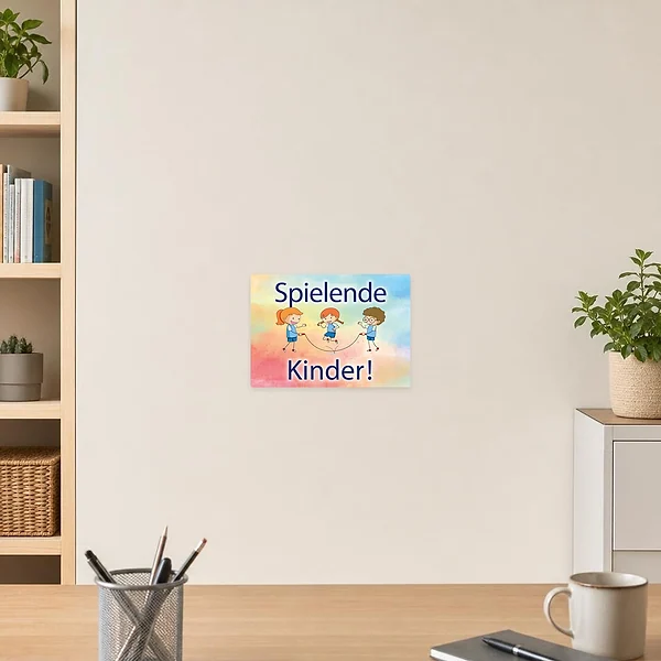 Klebriger Hinweisaufkleber mit spielenden Kindern und dem Text Achtung für Hof oder Einfahrt.