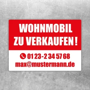 Aufkleber mit dem Hinweis Wohnmobil zu verkaufen auf rotem und weißem Hintergrund.