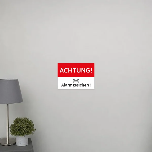 Rechteckiger Aufkleber mit rotem Achtung-Bereich und dem Hinweis Alarmgesichert für Tür oder Zugang.
