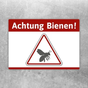 Aufkleber mit der Aufschrift Achtung Bienen und Bienenwarnsymbol für klare Hinweise.