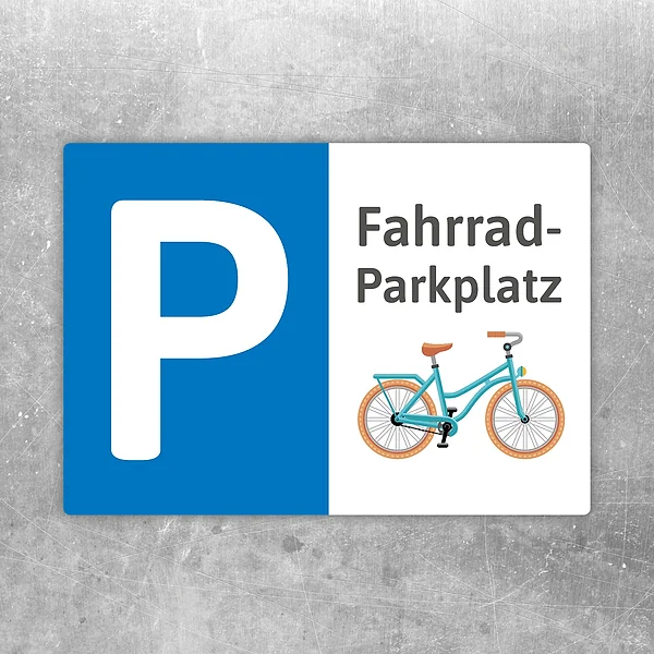 Aufkleber mit blauem P-Symbol und Text Fahrrad-Parkplatz für das Abstellen von Fahrrädern.