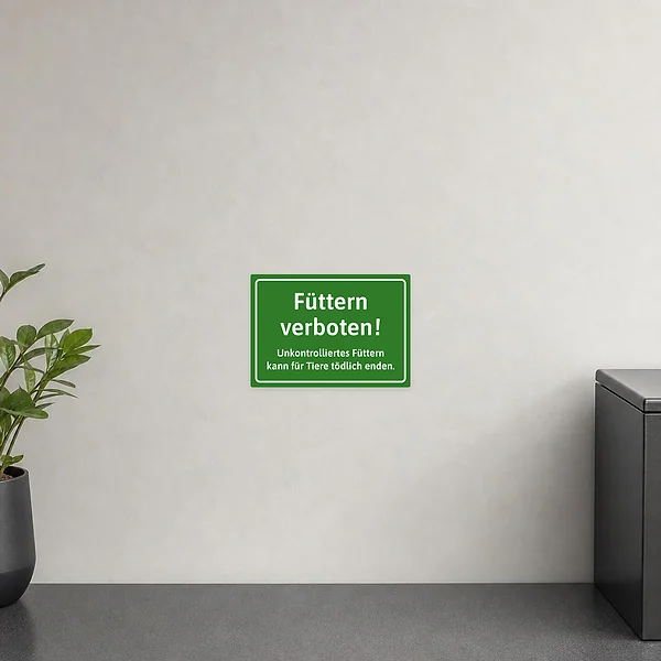 Grüner Aufkleber mit der Aufschrift „Tiere füttern verboten“ als klarer Hinweis im Tierbereich.