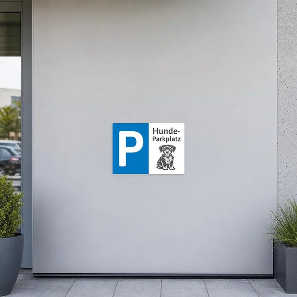 Hundeparkplatz Aufkleber mit großem P und Hundemotiv zur Kennzeichnung eines Stellplatzes.