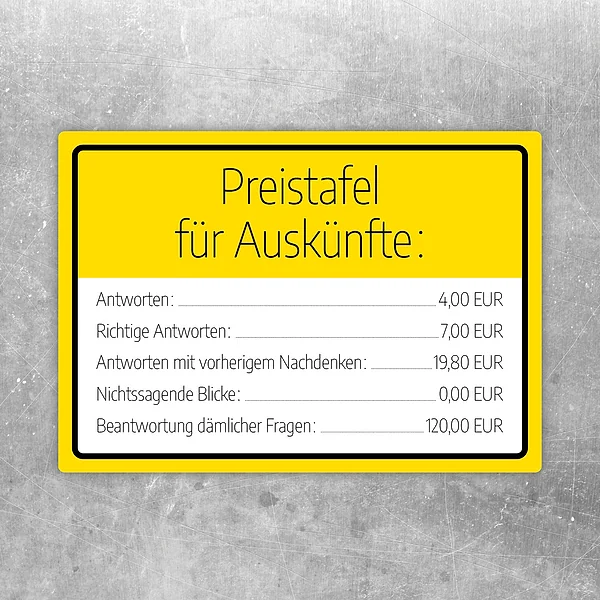Lustiger Aufkleber mit Preistafel für Auskünfte für Büro und Arbeitsplatz.
