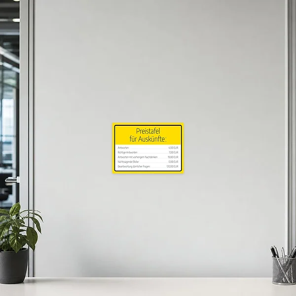 Witziger Arbeitsplatz-Aufkleber mit Preistafel für Auskünfte an Schreibtisch oder Empfang.