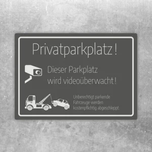 Aufkleber für Privatparkplatz mit Hinweis auf Videoüberwachung und Abschleppen in edlem Grau.