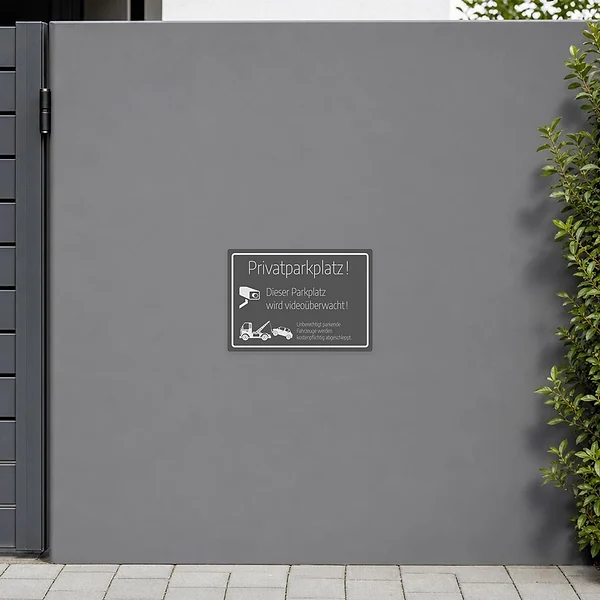 Edelgrauer Aufkleber für einen Privatparkplatz mit Kamera-Symbol und Abschlepphinweis.