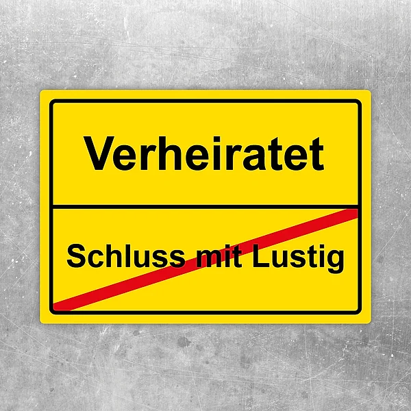 Aufkleber mit der Aufschrift Verheiratet und Schluss mit lustig im gelben Warnschild-Look.