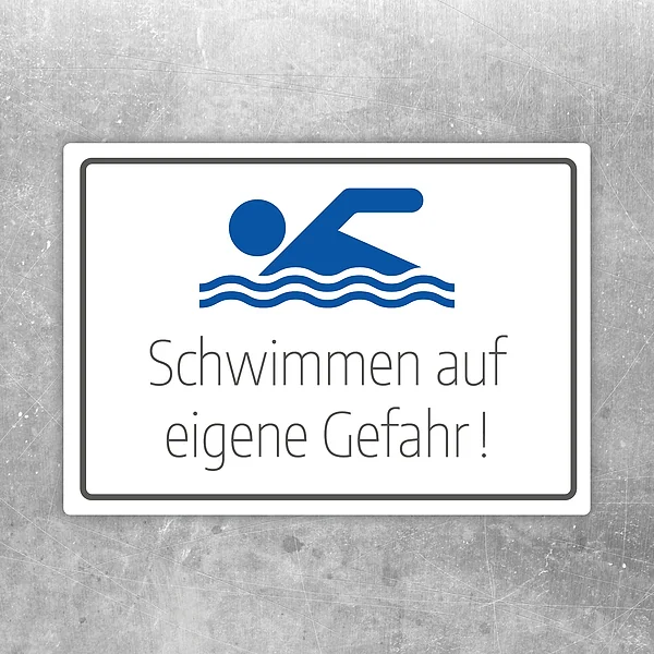 Aufkleber mit Schwimmer-Symbol und dem Text „Schwimmen auf eigene Gefahr“ für Badestellen und Pools.