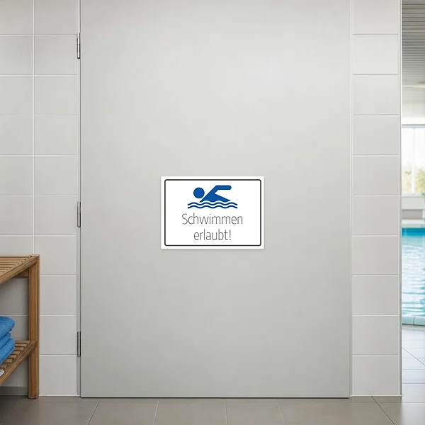 Aufkleber mit blauem Schwimmer-Symbol und dem Text „Schwimmen erlaubt“ für Bad- und Poolbereiche