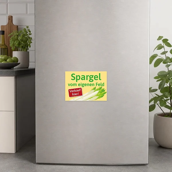 Gelber Aufkleber mit grünem Text Spargel vom eigenen Feld und rotem Verkauf hier Hinweis für Hofladen und Stand.