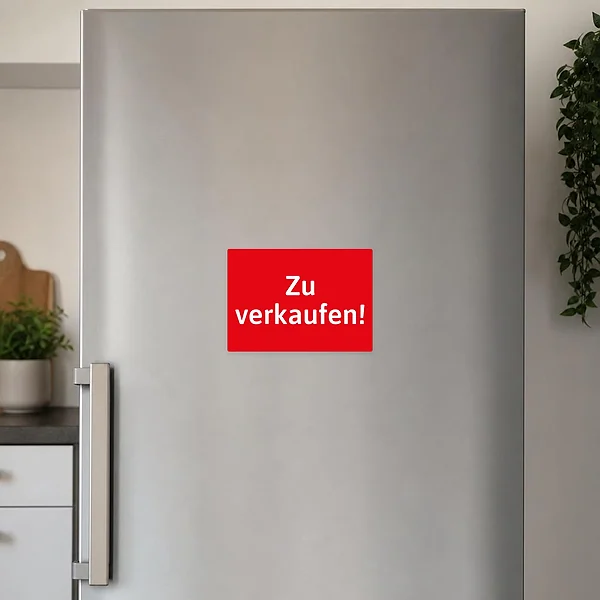 Auffälliger roter Aufkleber mit weißem Text „Zu verkaufen“ für Fenster, Tür oder Aushang.