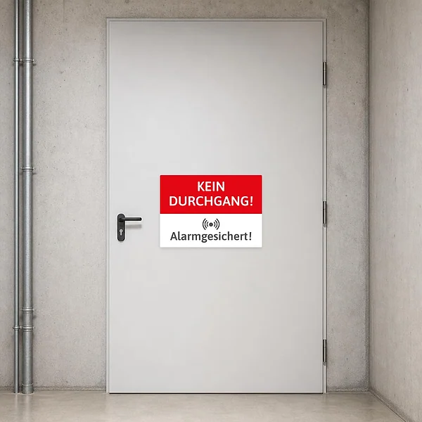 Querformatiger Aufkleber mit rotem Warnfeld und Hinweis Kein Durchgang! Alarmgesichert!.