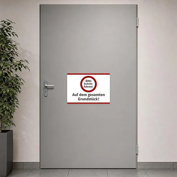 Querformatiger Aufkleber mit dem Text Bitte Schrittfahren auf dem gesamten Grundstück für Zufahrten, Höfe und Einfahrten