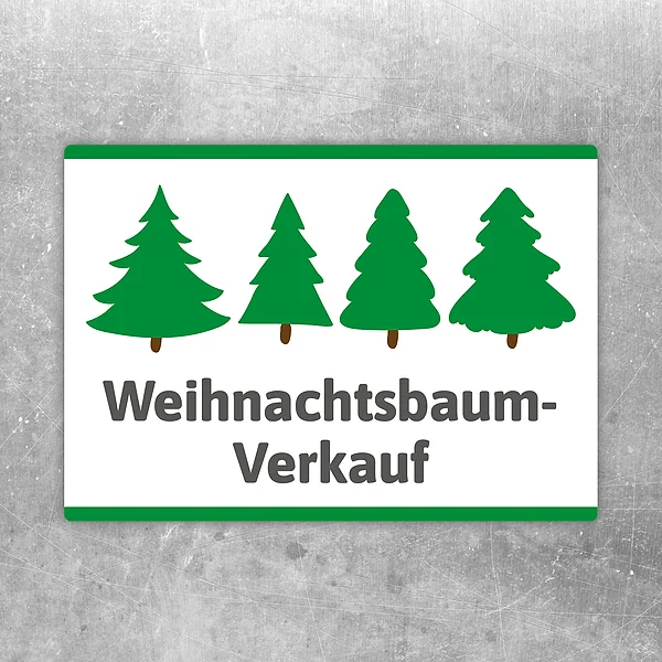 Weihnachtsbaumverkauf Aufkleber mit vier Tannen und deutlich lesbarem Hinweistext.