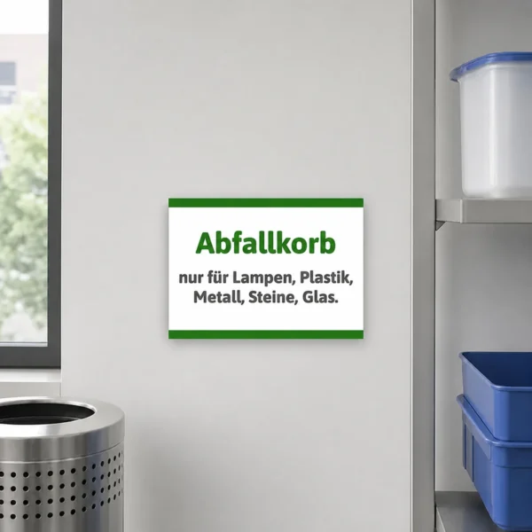 Hinweisschild für einen Abfallkorb an einer Sammelstelle oder auf einem Friedhof, damit nur Lampen, Plastik, Metall, Steine und Glas eingeworfen wird.