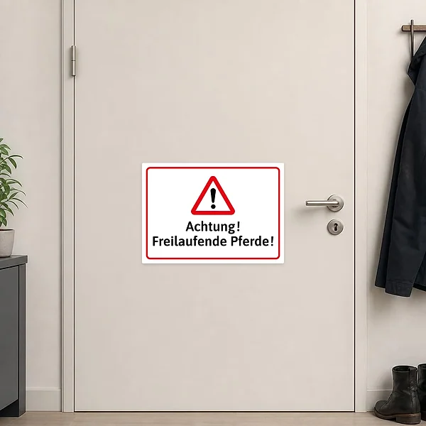 Warnaufkleber mit rotem Dreieck und dem Hinweis Achtung freilaufende Pferde für Stall und Hof