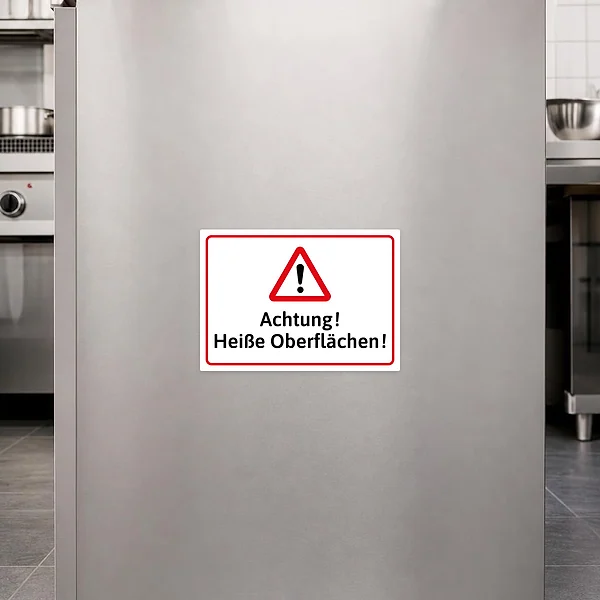 Roter Warnaufkleber mit Dreiecksymbol und der Aufschrift „Achtung! Heiße Oberflächen!“ für Werkstatt oder Technikraum.
