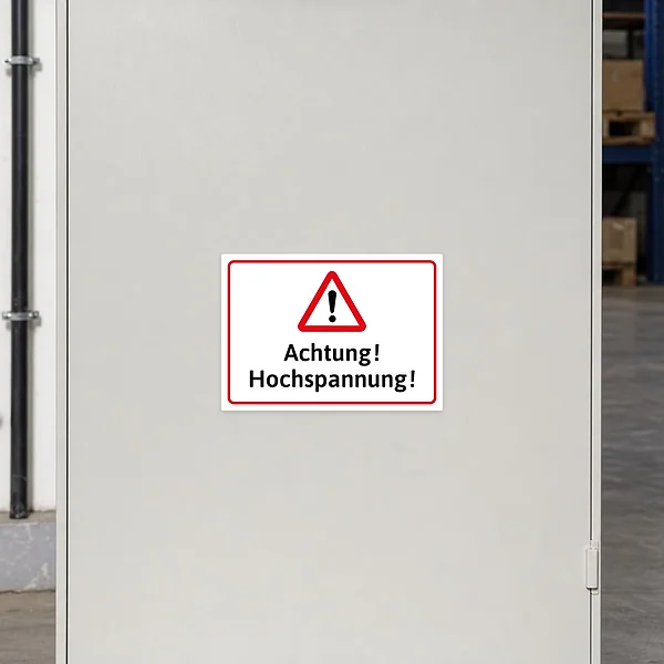 Weißer Warnaufkleber mit rotem Warndreieck und dem Hinweis Achtung! Hochspannung! für Technikräume.