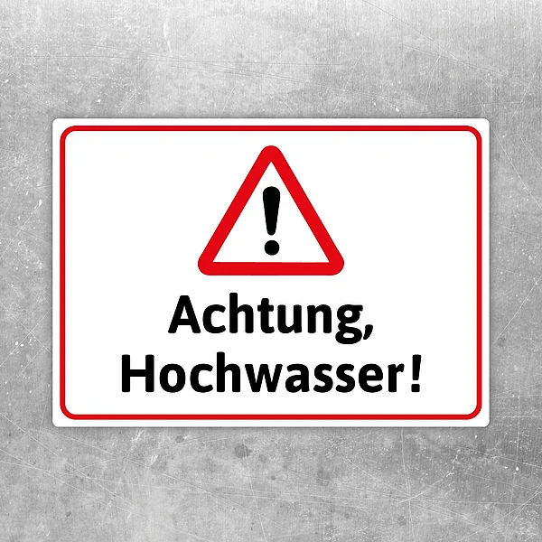 Achtung Hochwasser Aufkleber mit Warnsymbol und roter Umrandung für klare Gefahrenhinweise.