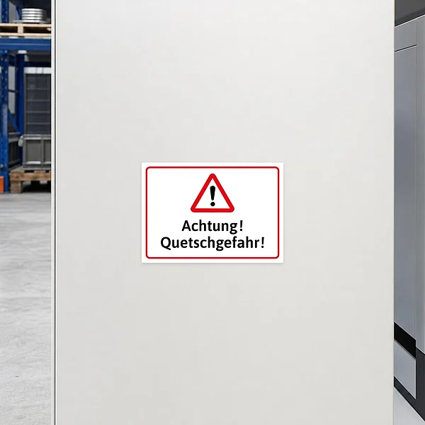 Querformatiger Aufkleber mit rotem Warnsymbol und Hinweis auf Quetschgefahr