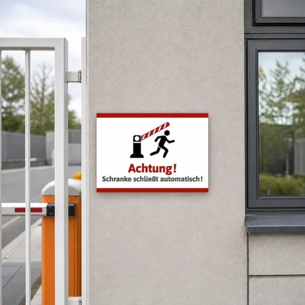 Auf dem Schild an einer Parkplatzzufahrt warnt ein deutliches Motiv davor, dass eine Schranke nach der Durchfahrt automatisch schließt