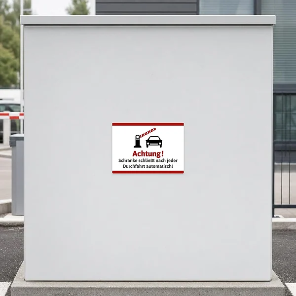 Aufkleber mit Schranken-Symbol und Auto, dazu der Warntext: Achtung! Schranke schließt automatisch nach der Durchfahrt.