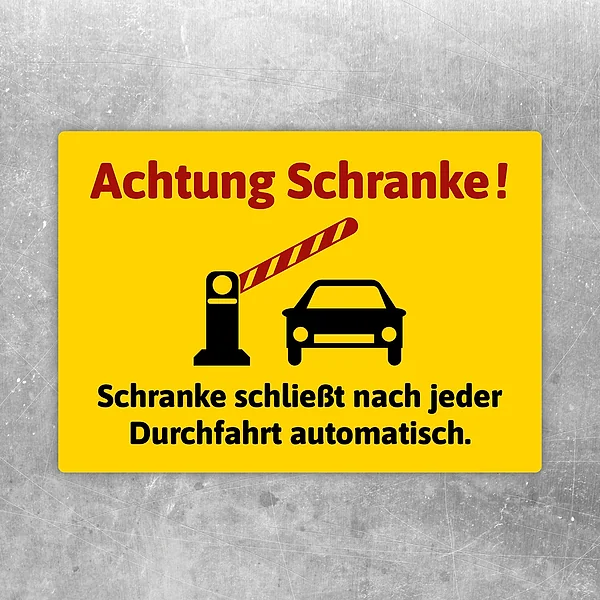 Warnaufkleber mit Hinweis „Achtung Schranke!“ und automatisch schließender Schranke in Gelb, Rot und Schwarz.