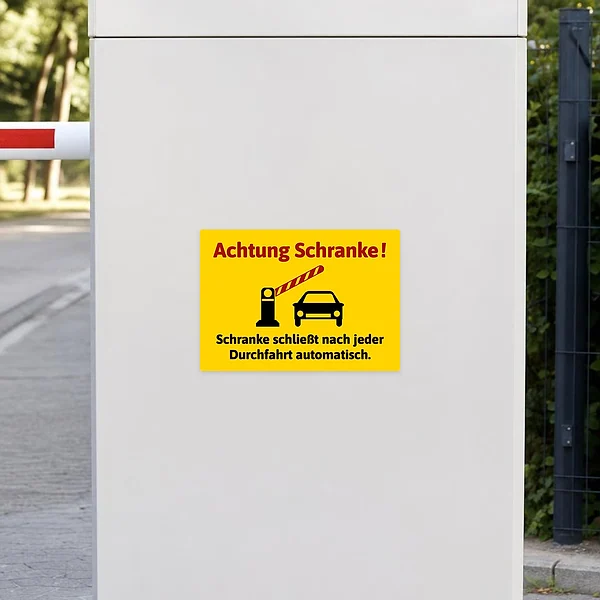 Querformatiger Aufkleber mit Auto und Schranke: Achtung Schranke, schließt nach jeder Durchfahrt automatisch.